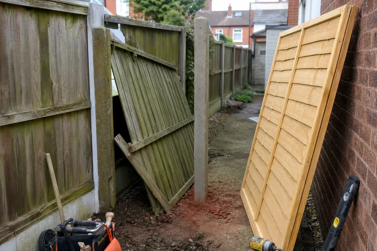 Damaged garden fence being repaired in Birmingham